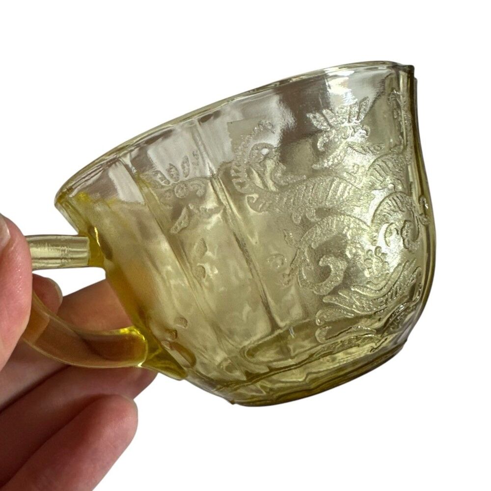 Set of 2 1930's Ornate Federal Amber Yellow Madrid Depression Glass Tea Cups